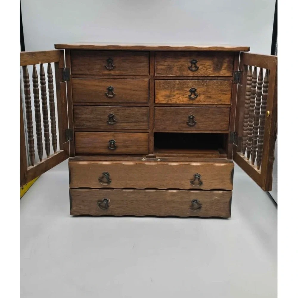 Vintage Wooden Jewelry Armoire Chest Spindle Door 10 Drawer Tabletop musical